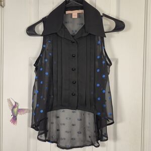 ​Rebellious One Black Blue Polka Dot Sheer High-Low Blouse S